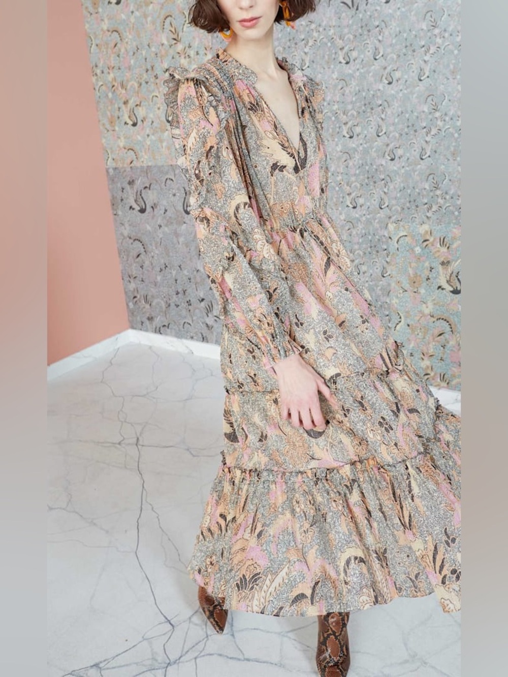 Ulla Johnson Paula Midi Dress Ivory Pink Cream Floral Tiered Maxi Dress Size 8